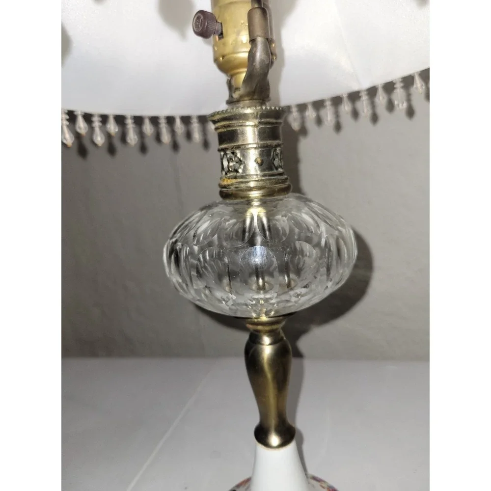 Antique Crystal‎ English Oil Lamp Porcelain Boudoir Vanity Nightstand Pair